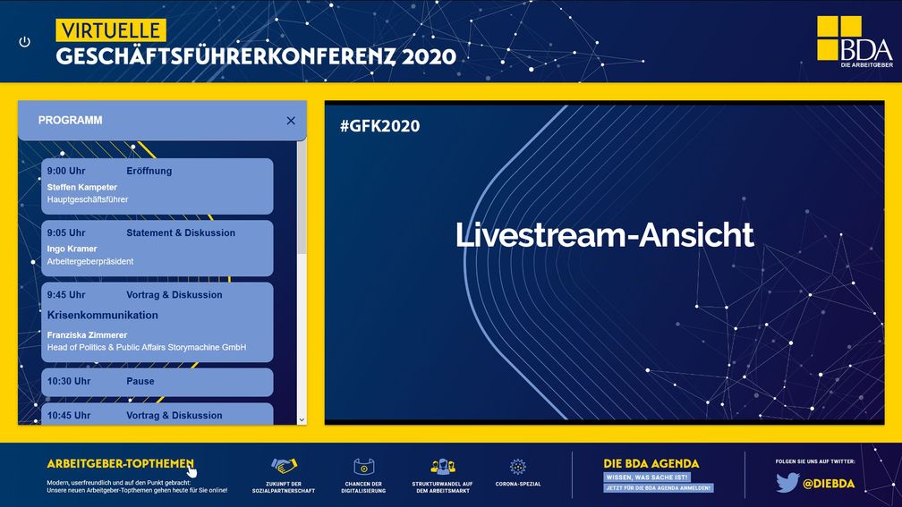 BDA virtuelle Geschäftsführerkonferenz 2020 Livestream Ansicht